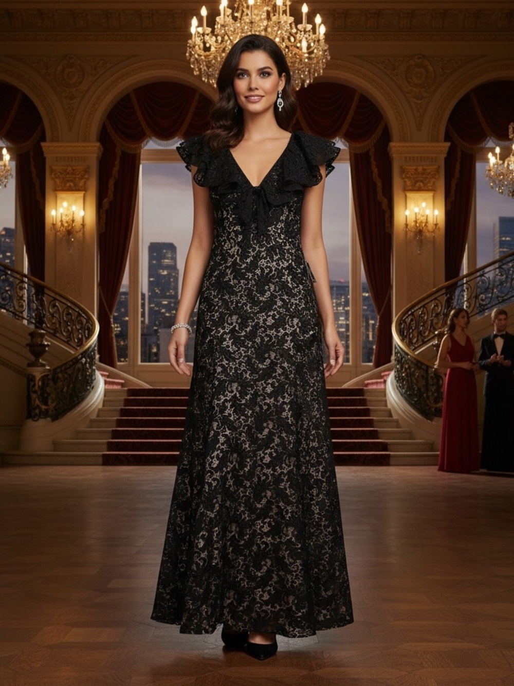 Cooper St. Black Lace Evening Gown with Ruffle V-Neck | NWT
